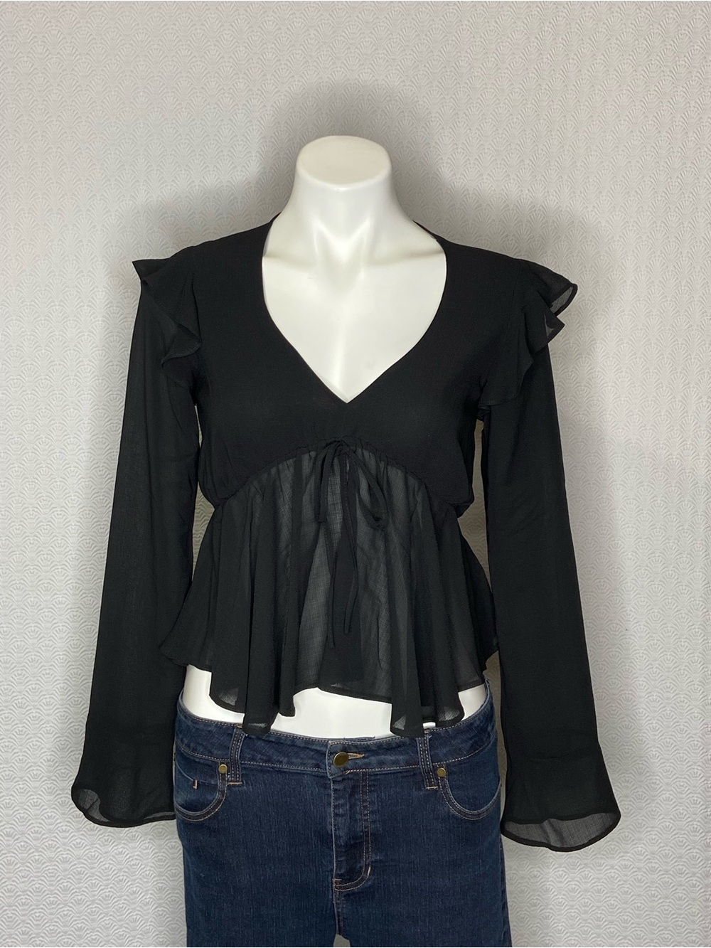 ASOS Sheer Ruffled Crop Top Blouse Long Sleeve V Neck Tie Front Black Size